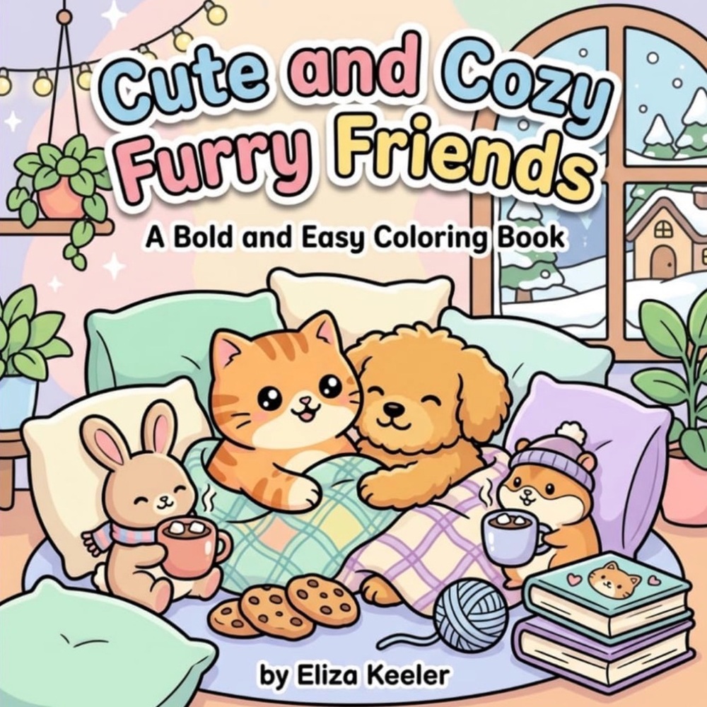 Cute and Cozy Furry Friends Coloring Book - features dogs, cats, bunnies,hearts